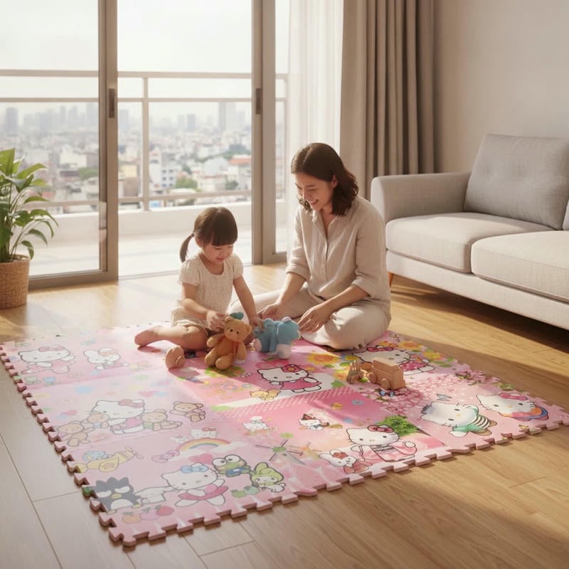 Thảm ghép hình có họa tiết chữ cái, số hoặc tranh minh họa hỗ trợ nhận