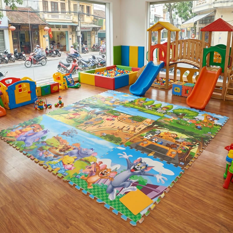 42x42cm phù hợp phòng nhỏ, cần linh hoạt thay từng tấm. 60x60cm phù hợp diện tích
