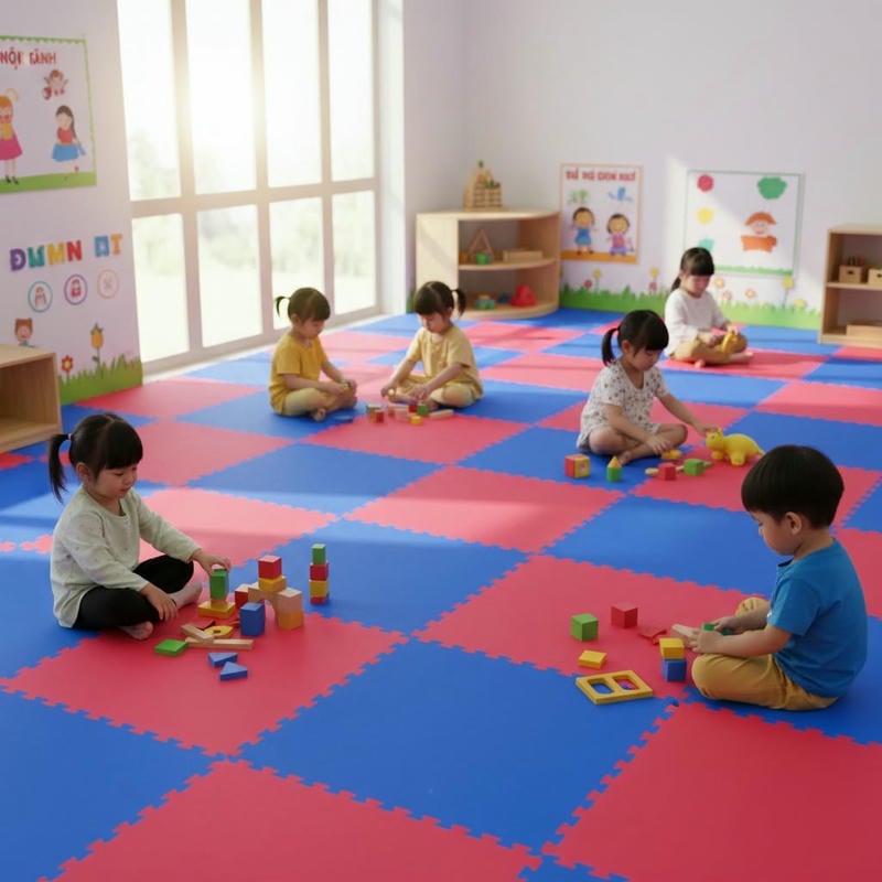 Thảm EVA dễ lau bằng khăn ẩm và dung dịch trung tính, nhờ bề mặt ít